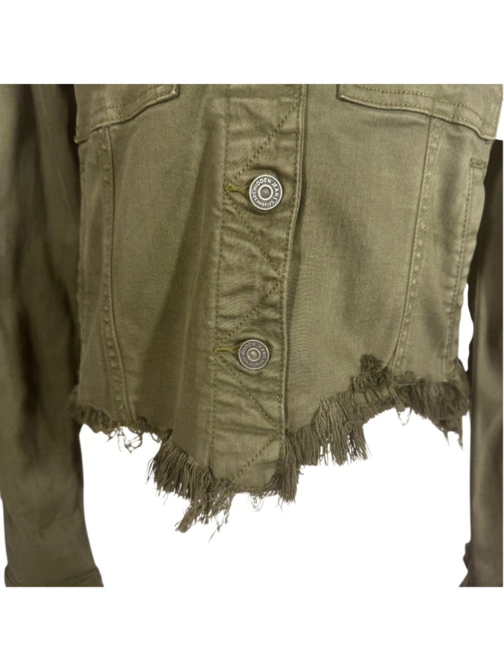Size M Hidden Military Green Distressed Fringe Button Cropped Jean Jacket - Picture 5 of 10